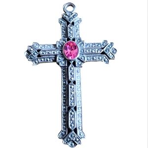 Fashion costume jewelry pendant pink stone marcasite cross silver tone